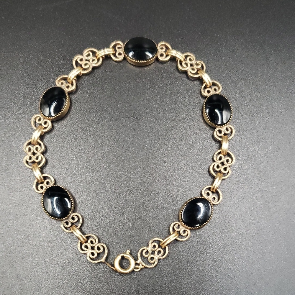 12K Yellow Gold Filled Black Onyx Filigree Link Bracelet